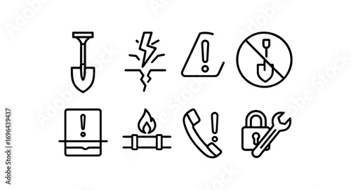 simple outline stroke icon 8 different sharp spade edge handle crack risk no digging here underground cable risk gas pipe risk call before dig ppe gloves required tool lockout required