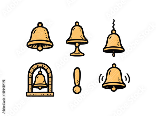hand drawn cute doodle style line isolated on white background bell bellfoot bronze rim clapper piece rope pull tower arch echo wave
