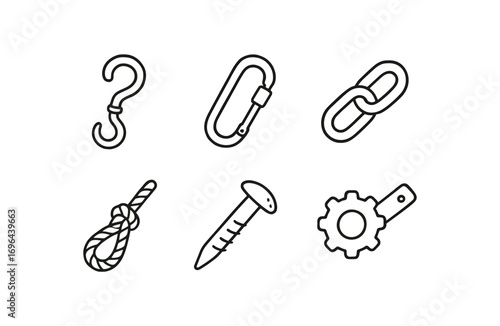 hand drawn cute doodle style line isolated on white background hook hooktip iron clasp chain rope tie peg gear strap