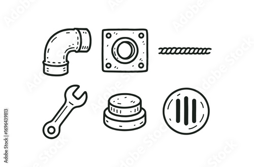 hand drawn cute doodle style line isolated on white background elbow bend pipe iron flange weld seam spanner tool screw cap drain slot