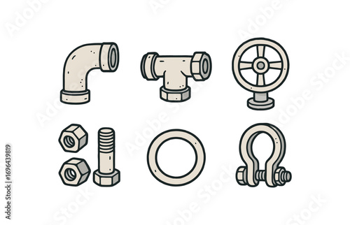 hand drawn cute doodle style line isolated on white background pipe bend elbow steel joint valve wheel nut bolt gasket ring clamp jaw