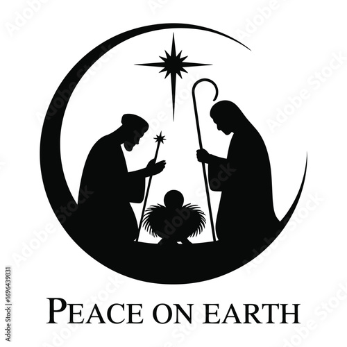 Crescent Moon Nativity Scene Silhouette with Star and Peace on Earth vector illustration