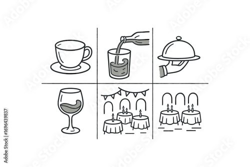 hand drawn cute doodle style line isolated on white background cup hollow glass rim drink pour silver tray wine swirl banquet hall