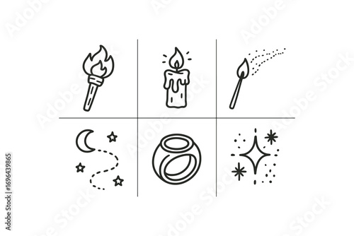 hand drawn cute doodle style line isolated on white background flame stick torch wax drip burning night trail holder ring spark ash