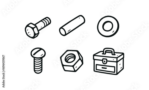 hand drawn cute doodle style line isolated on white background bolt shaft pin steel washer ring screw thread nut plate tool chest