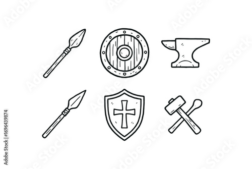 hand drawn cute doodle style line isolated on white background spear tail wooden shaft leather grip iron tip battle shield forge mark