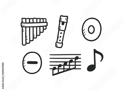 hand drawn cute doodle style line isolated on white background reed panpipe carved flute air hole mouth slot melody scale music note