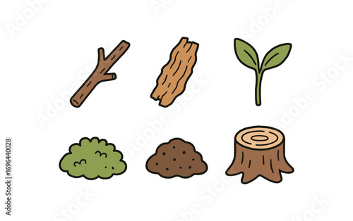 hand drawn cute doodle style line isolated on white background branch twig bark chip leaf sprout moss patch soil bed pruning cut