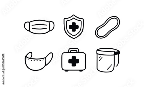hand drawn cute doodle style line isolated on white background mouth slot mask safety shield elastic band chin cover med kit face guard
