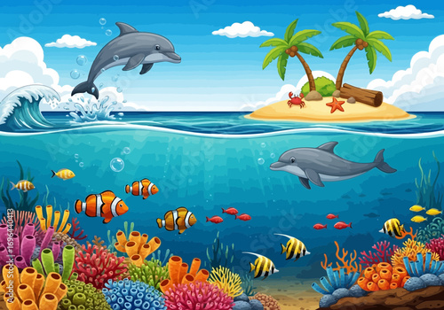 Vector art of vibrant coral reef teeming with colorful fish and two dolphins swimming in the clear blue ocean water with a tropical island in the background
