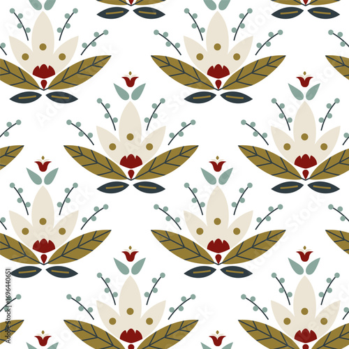 Seamless pattern with folk flower and leaves in nordic style. Elegant Scandinavian ornament with cozy rustic mood. Perfect vector design for fabric, wrapping paper, wallpapers and festive projects