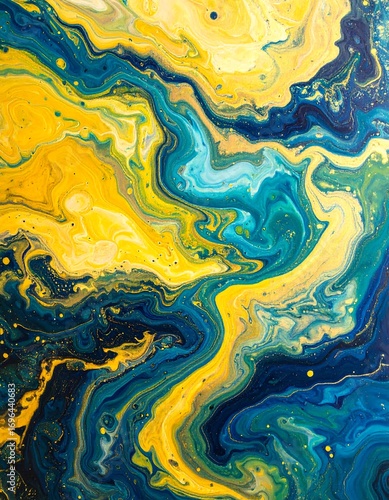 Abstract fluid art with swirling patterns of yellow, blue, and dark colors