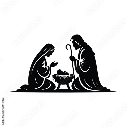 Kneeling Nativity Figures Mary Joseph and Baby Jesus in Manger scene silhouette