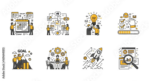 A versatile set of modern line icons illustrating key business concepts like project management, startup growth, and teamwork