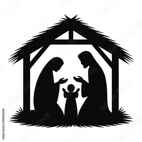Silhouette of Holy Family in Nativity Stable with Straw Roof Keywords: nativity, stable, jesus, mary, joseph