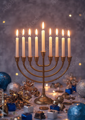 Hanukkah card with menorah of nine candles, blue and silver decor, dreidels and festive lights