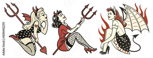 Smiling devil girl set with horns and red dress is holding a pitchfork and wearing fishnet stockings in this old school tattoo style illustration