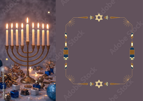 Hanukkah card with menorah of nine candles, blue and silver decor, dreidels and festive lights