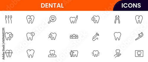 Dental vector web line icon collection, sleek illustrations of teeth, tools, and oral care for professional dental and health designs.