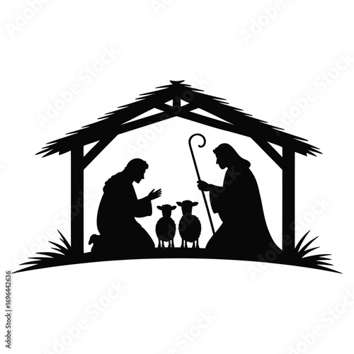 Silhouette Nativity Scene with Shepherd and Sheep in Stable manger