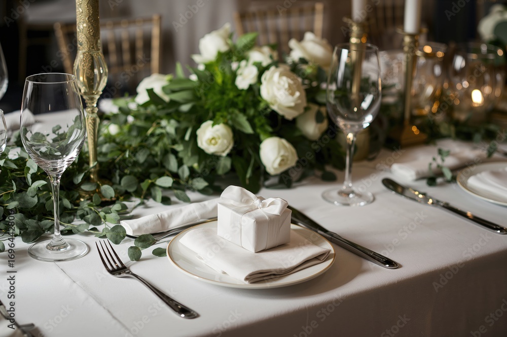 Fototapeta premium White-themed decorated table featuring small gifts for attendees