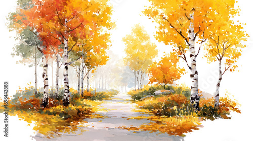Watercolor forest path covered in autumn leaves, surrounded by trees, transparent background