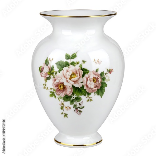 White porcelain vase with a gold rim, featuring a floral design of pink roses and green leaves