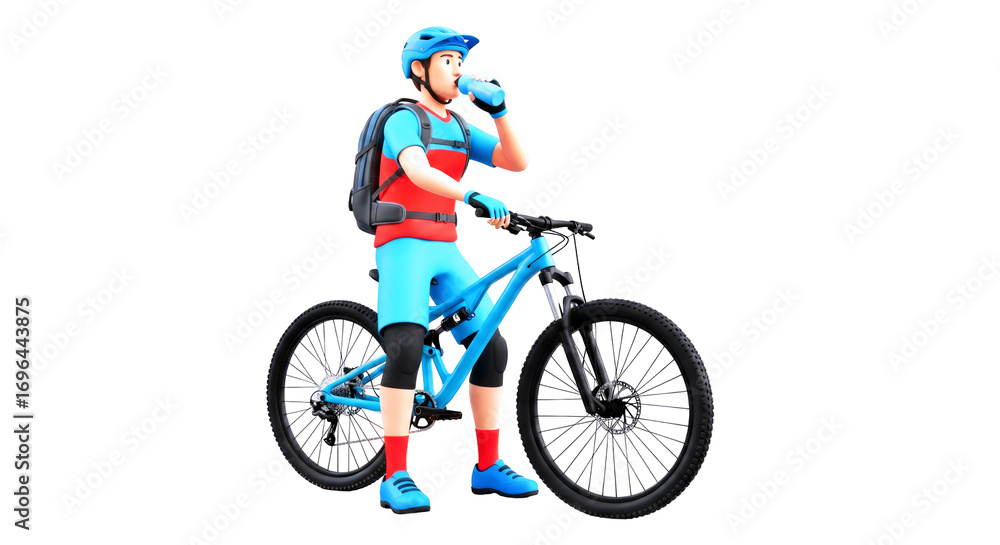 Obraz premium cartoon cyclist hydration break refreshing pause, blue mountain bike, active lifestyle, isolated on transparent background