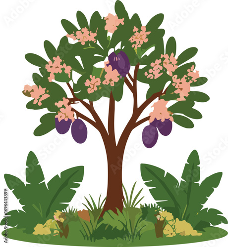 Illustration of Tropical Plum Tree with Green Leaves, Pink Blossoms, and Purple Fruits, Surrounded by Jungle Plants, Perfect for Nature, Farming, and Botanical Design