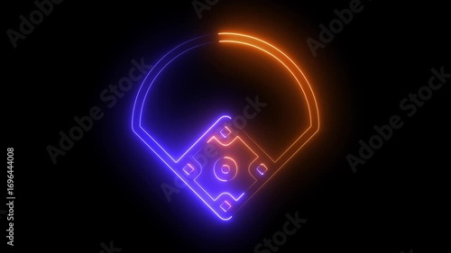 Glowing neon line baseball field icon animation with black blue and yellow color.