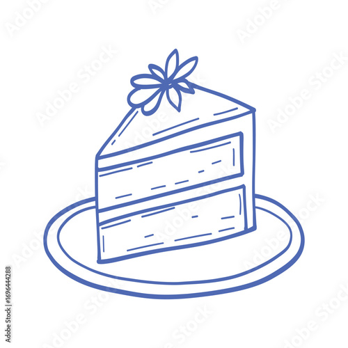 A blue and white drawing of a slice of cake with a flower on top. The cake is on a plate and the flower is placed on top of it