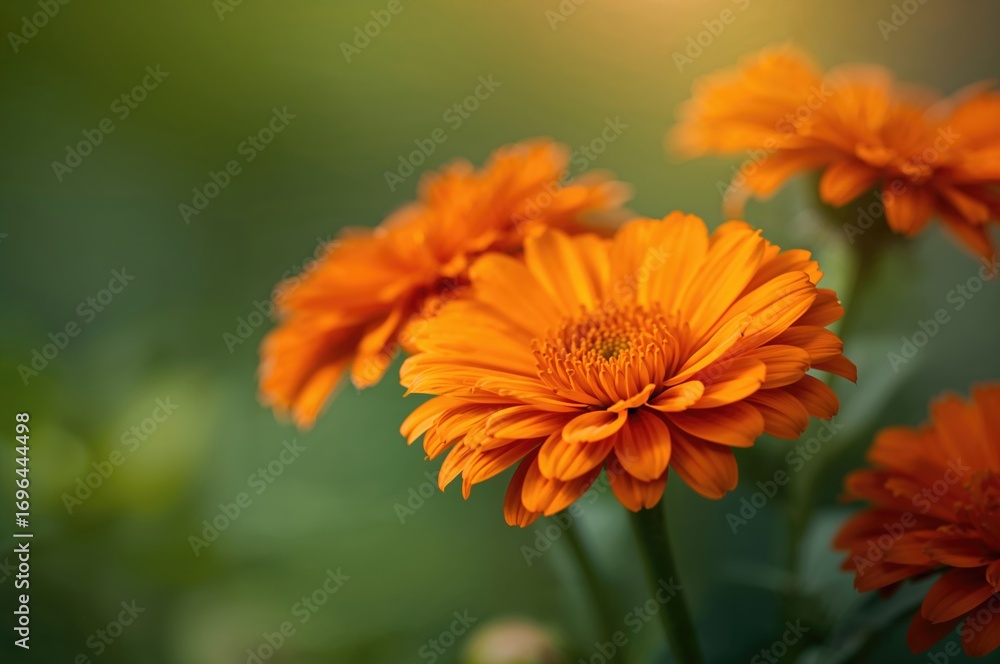 Fototapeta premium Close-up view of bright orange blossoms against a soft-focused green backdrop in a garden setting