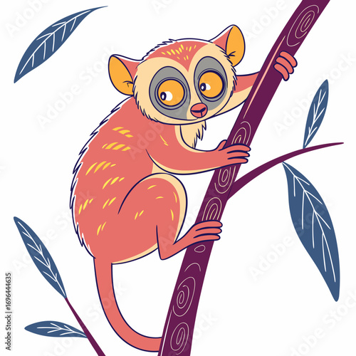 Cute cartoon tarsier monkey climbing a tree branch