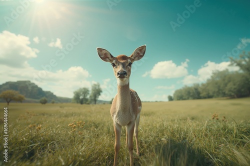 Fawn Grazing in Bright Meadow