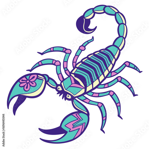 Stylized scorpion illustration with colorful geometric patterns