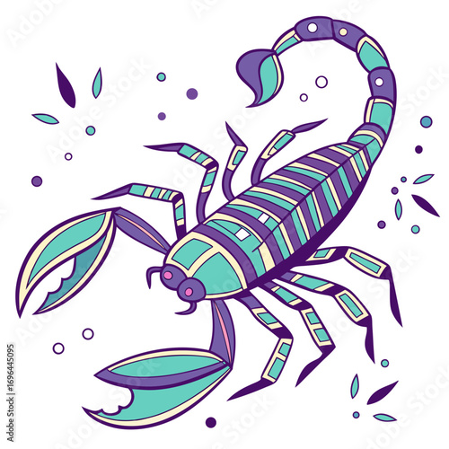 Stylized scorpion illustration with purple and teal colors