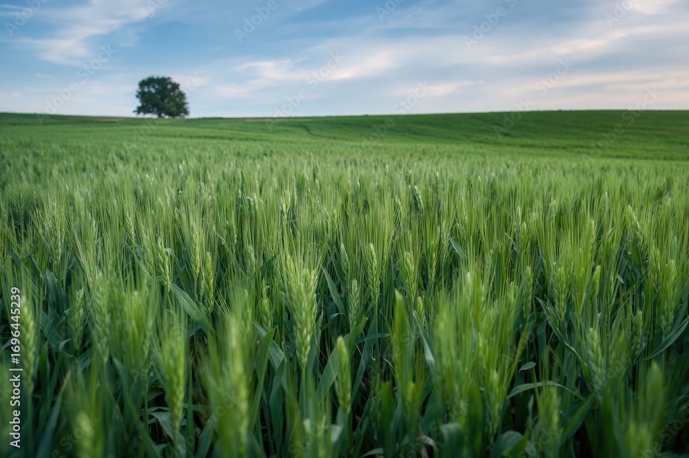 Fototapeta premium Autumn emergence of young wheat plants in vast fields.