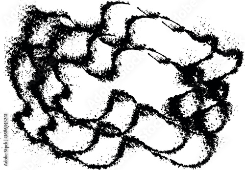 Grainy black thick swirled brush stroke with stipple spray texture, abstract curly paint stroke vector background illustration on clean white surface