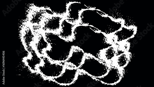 Grainy black thick swirled brush stroke with stipple spray texture, abstract curly paint stroke vector background illustration on clean white surface