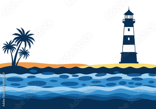Vector art of stylized illustration of a lighthouse and palm trees on a beach with wavy ocean water
