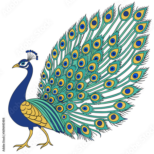 A beautiful peacock with its tail feathers spread wide
