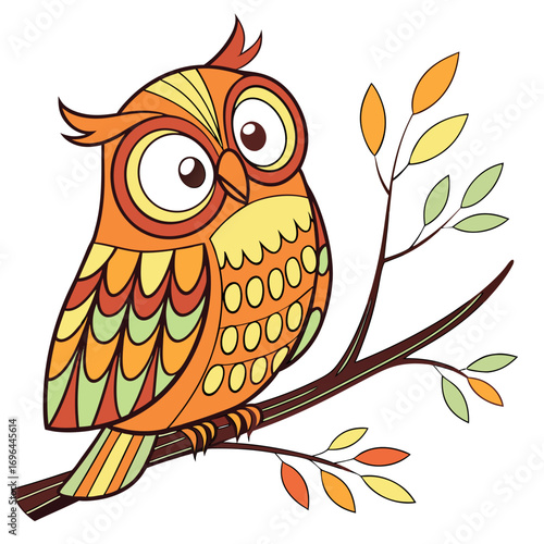 Cute cartoon owl with colorful feathers sitting on a branch