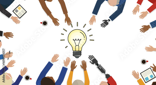 Inclusive Global Team Unitedly Collaborating on Innovation, Strategy, and Shared Success from a Top-Down Perspective