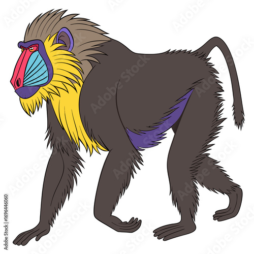 A colorful mandrill baboon walking on a