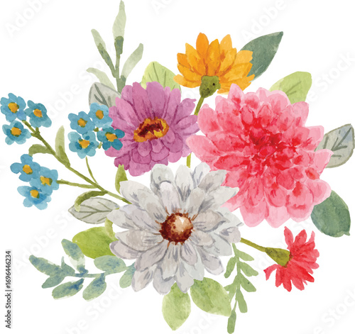 watercolor dahlia, chrysanthemum and  zinnia flower bouquet 