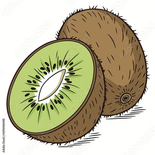A whole kiwi fruit and a half kiwi fruit on a