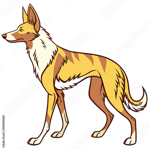 Cartoon illustration of a tan and white dog with pointy ears