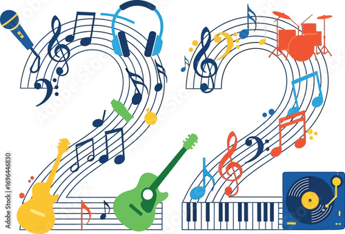 Vibrant musical notes and instruments form the number 22, celebrating sound and rhythm.