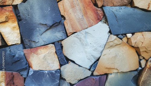 Wallpaper Mural Close up textured abstract background of natural slate stone wall with irregular shapes and varied earthy colors including blue grey brown and tan Torontodigital.ca