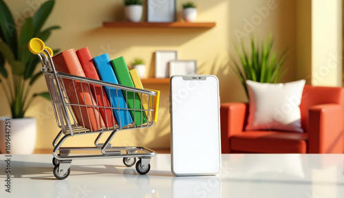 Wallpaper Mural bookstore mockup with smartphone and shopping cart full of books. Online reading and digital purchase Mobile screen for e-commerce and delivery. Torontodigital.ca